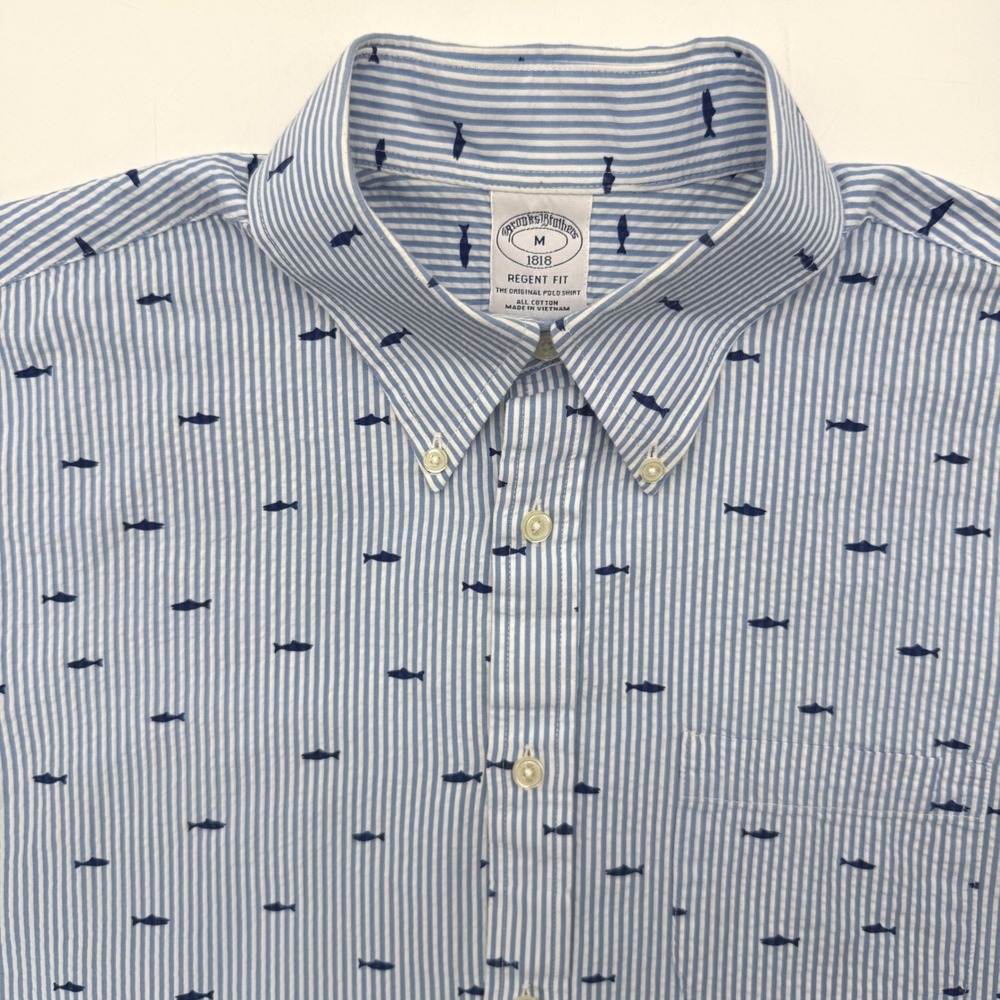 Brooks Brothers Shirt Mens M Blue Regent Fit Seersucker Fish Short Sleeve 5879